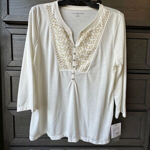 Croft‎ & Barrow Ivory w/ Gold Embroidery 3/4 Sleeve Women's Blouse XL NWT